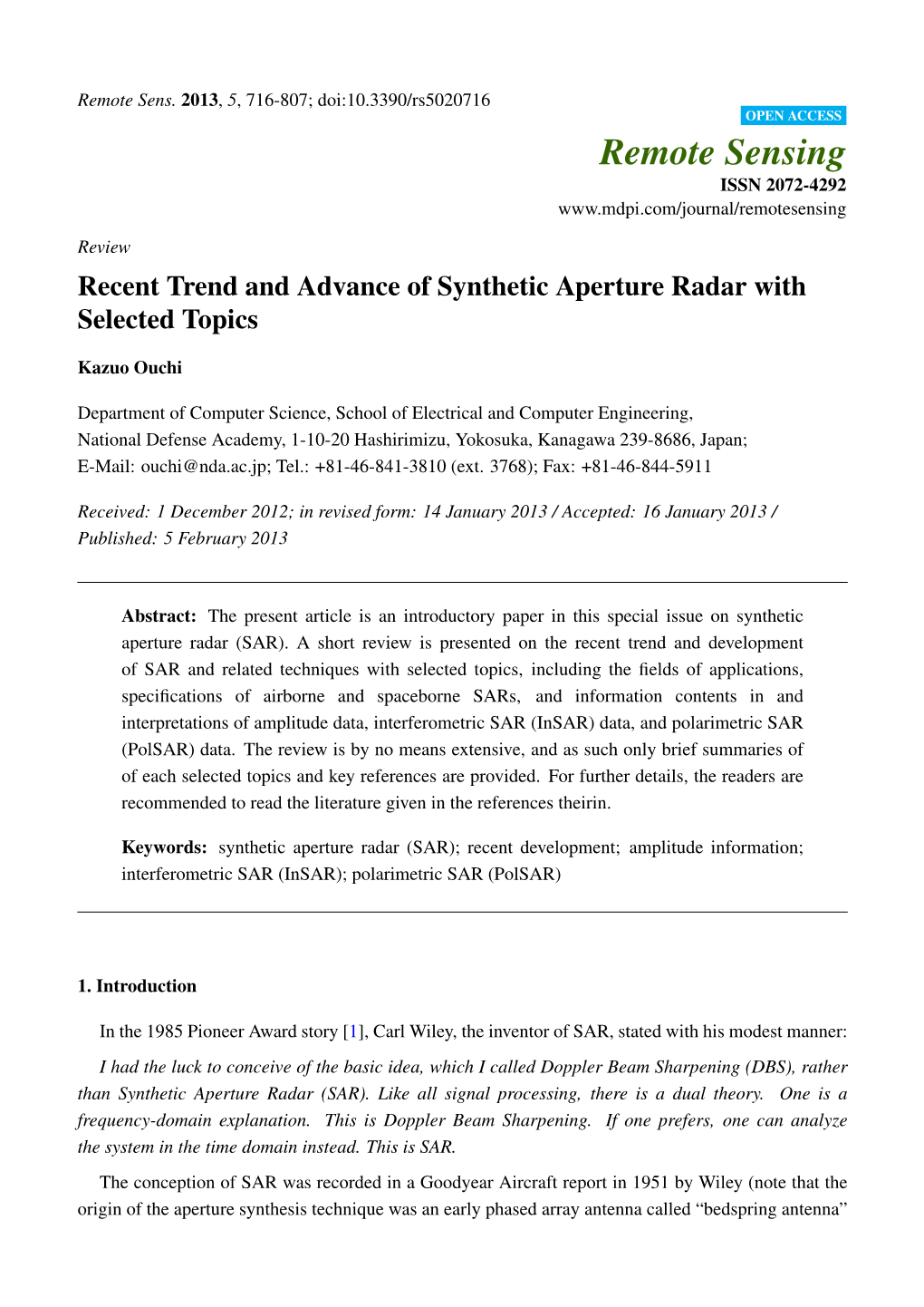 Recent Trend and Advance of Synthetic Aperture Radar with Selected Topics