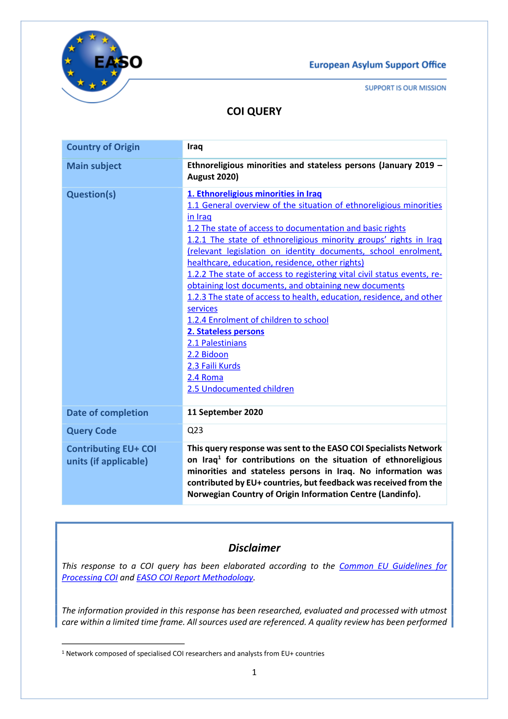 Ethnoreligious Minorities and Stateless Persons (January 2019 –August 2020)