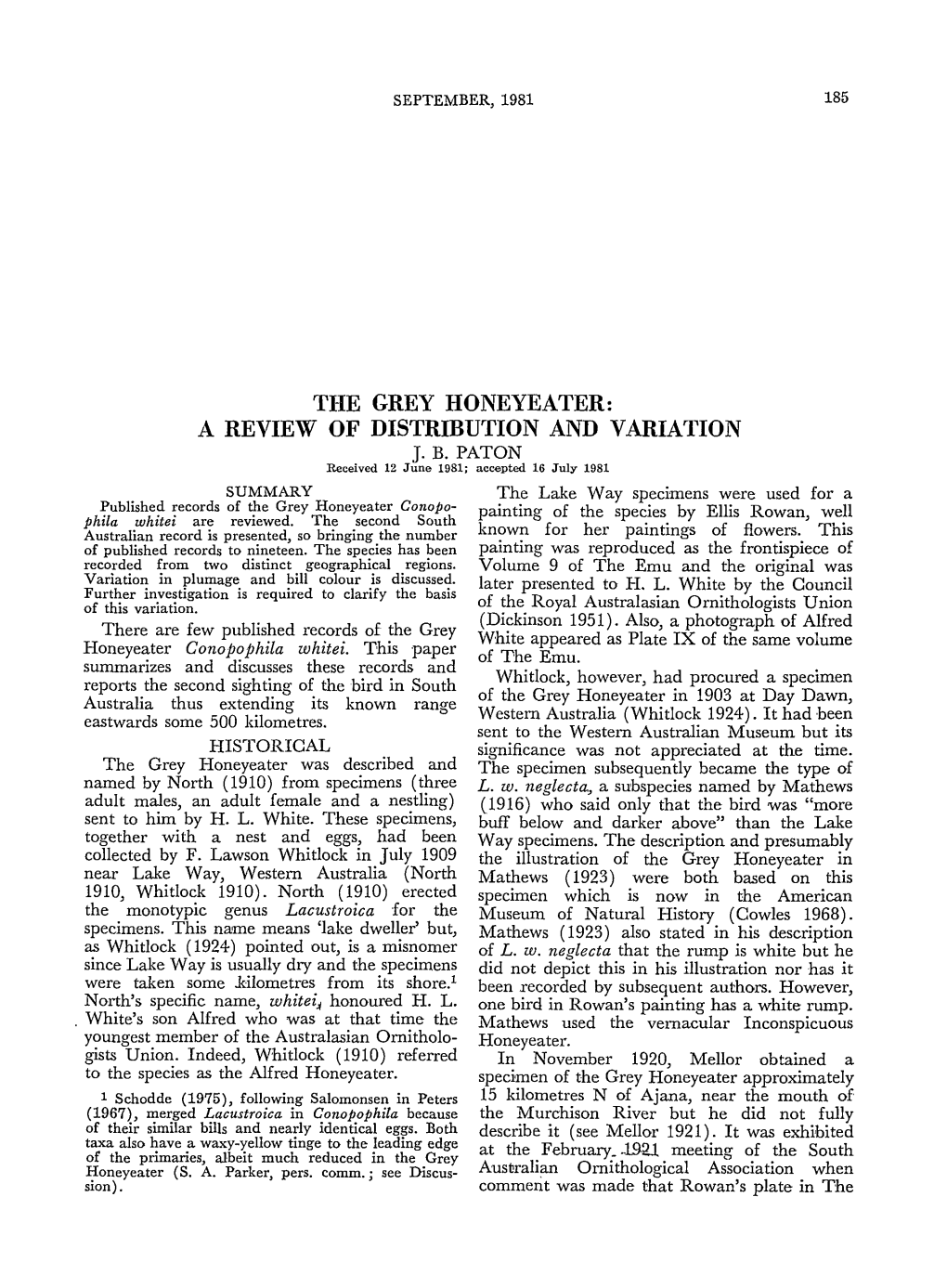 The Grey Honeyeater: a Review of Distribution and Variation J