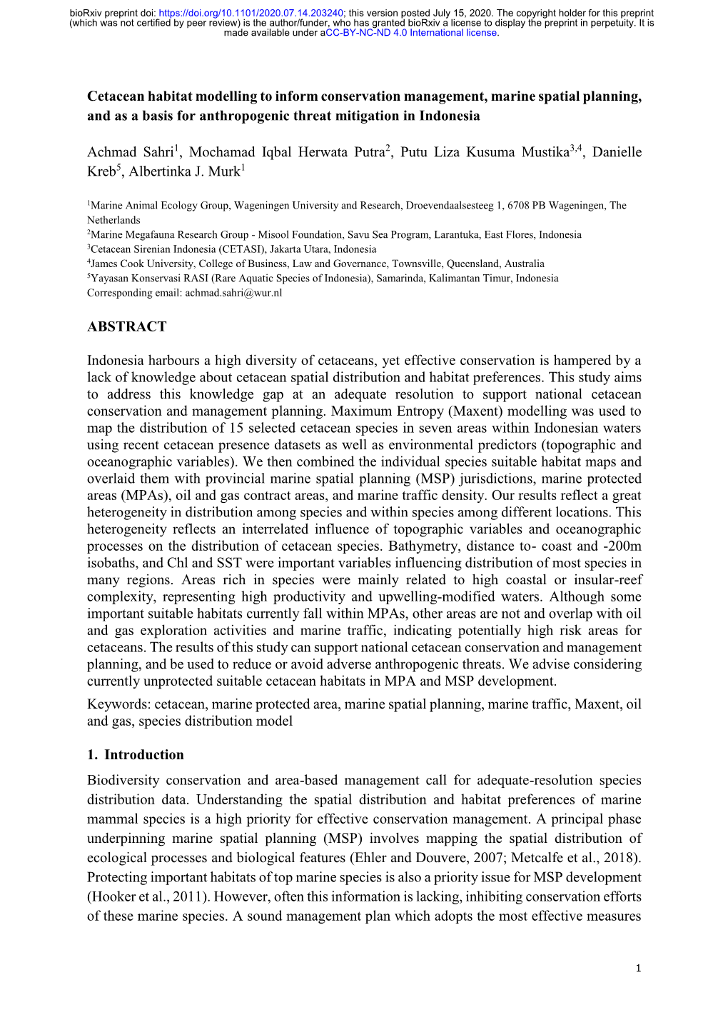 Cetacean Habitat Modelling to Inform Conservation Management, Marine Spatial Planning, and As a Basis for Anthropogenic Threat Mitigation in Indonesia