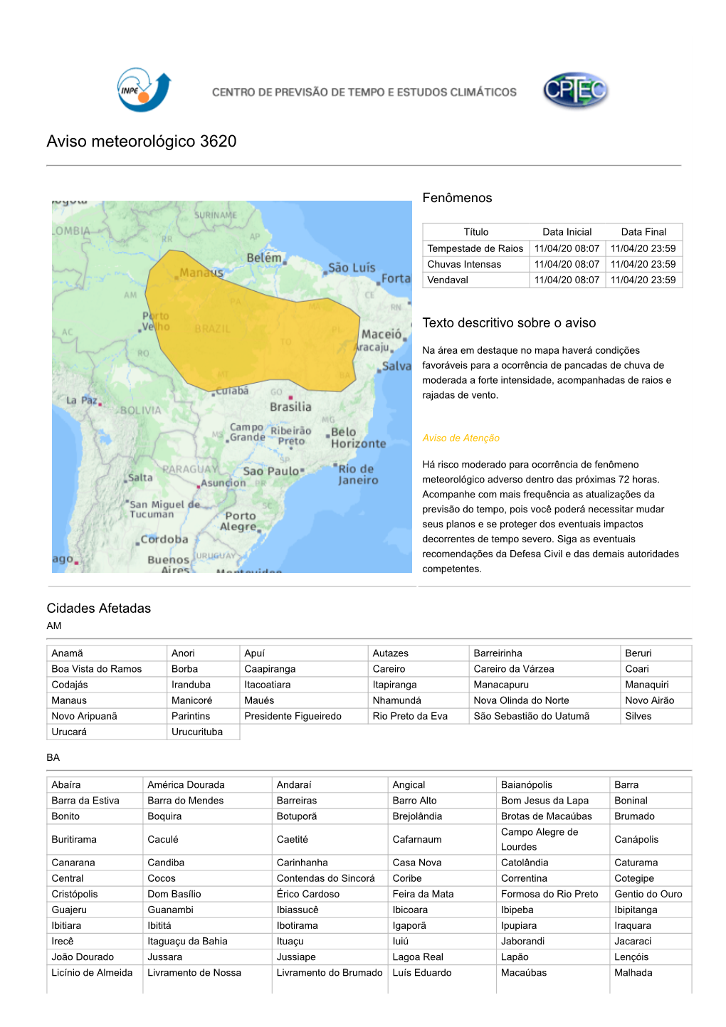 Aviso Meteorológico 3620