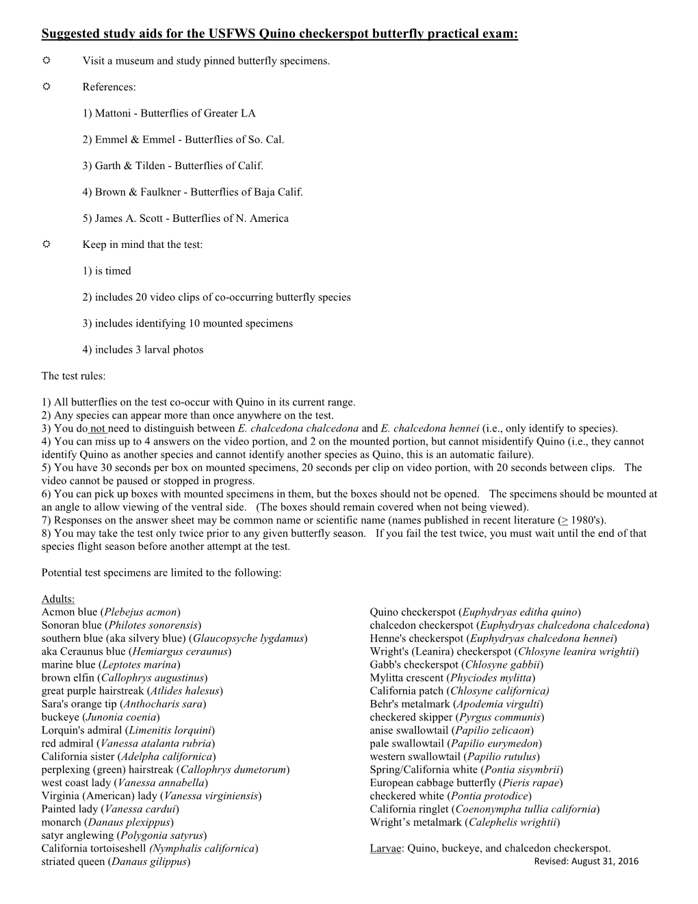 Suggested Study Aids for the USFWS Quino Checkerspot Butterfly Practical Exam