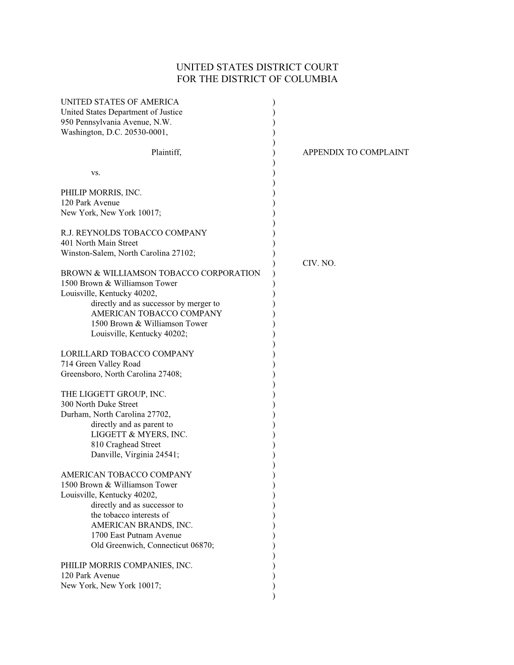 APPENDIX to COMPLAINT ) Vs