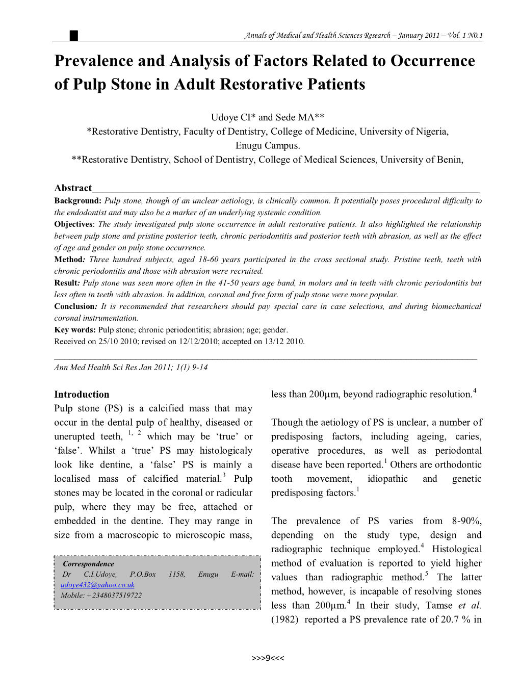 Prevalence and Analysis of Factors Related to Occurrence of Pulp Stone in Adult Restorative Patients