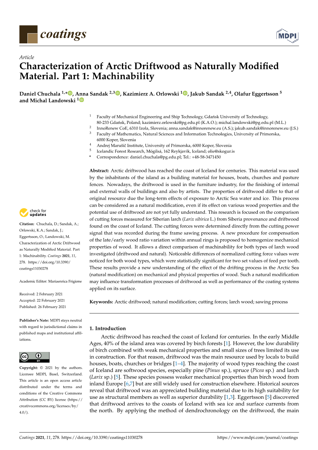 Characterization of Arctic Driftwood As Naturally Modified Material. Part 1