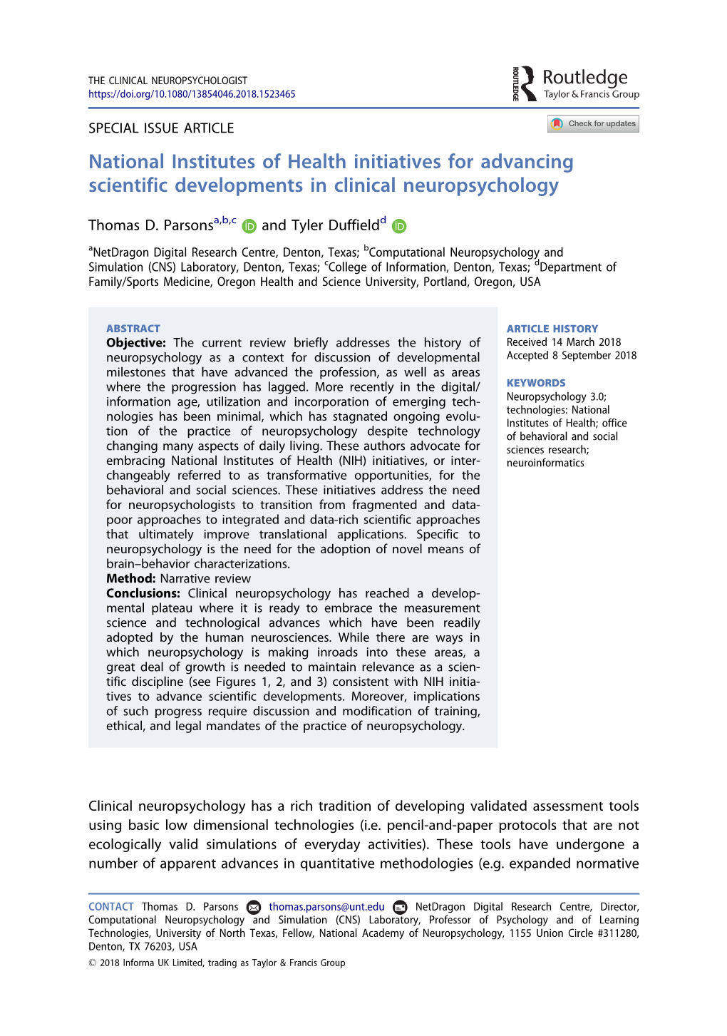 National Institutes of Health Initiatives for Advancing Scientific Developments in Clinical Neuropsychology