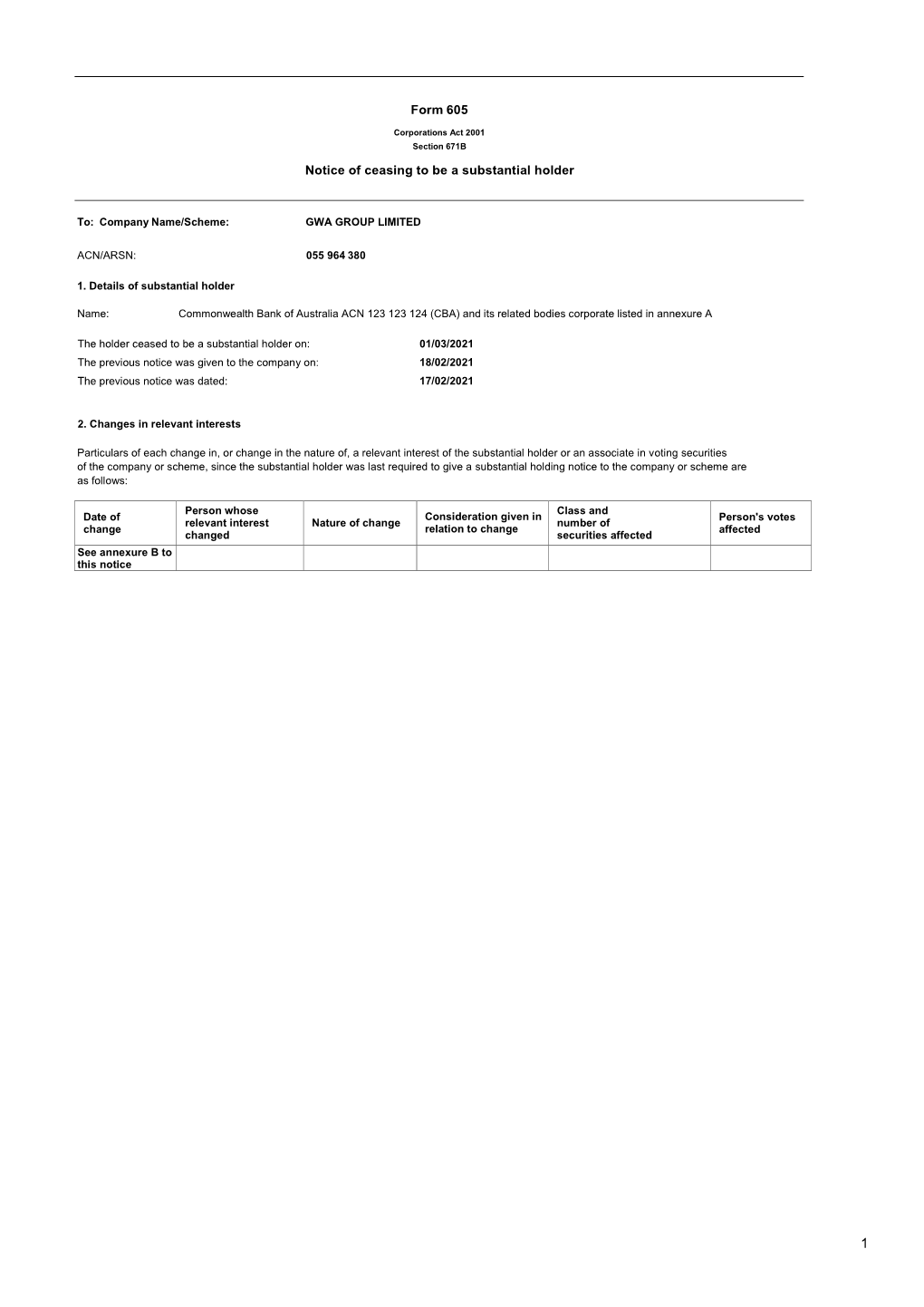 Form 605 Notice of Ceasing to Be a Substantial Holder