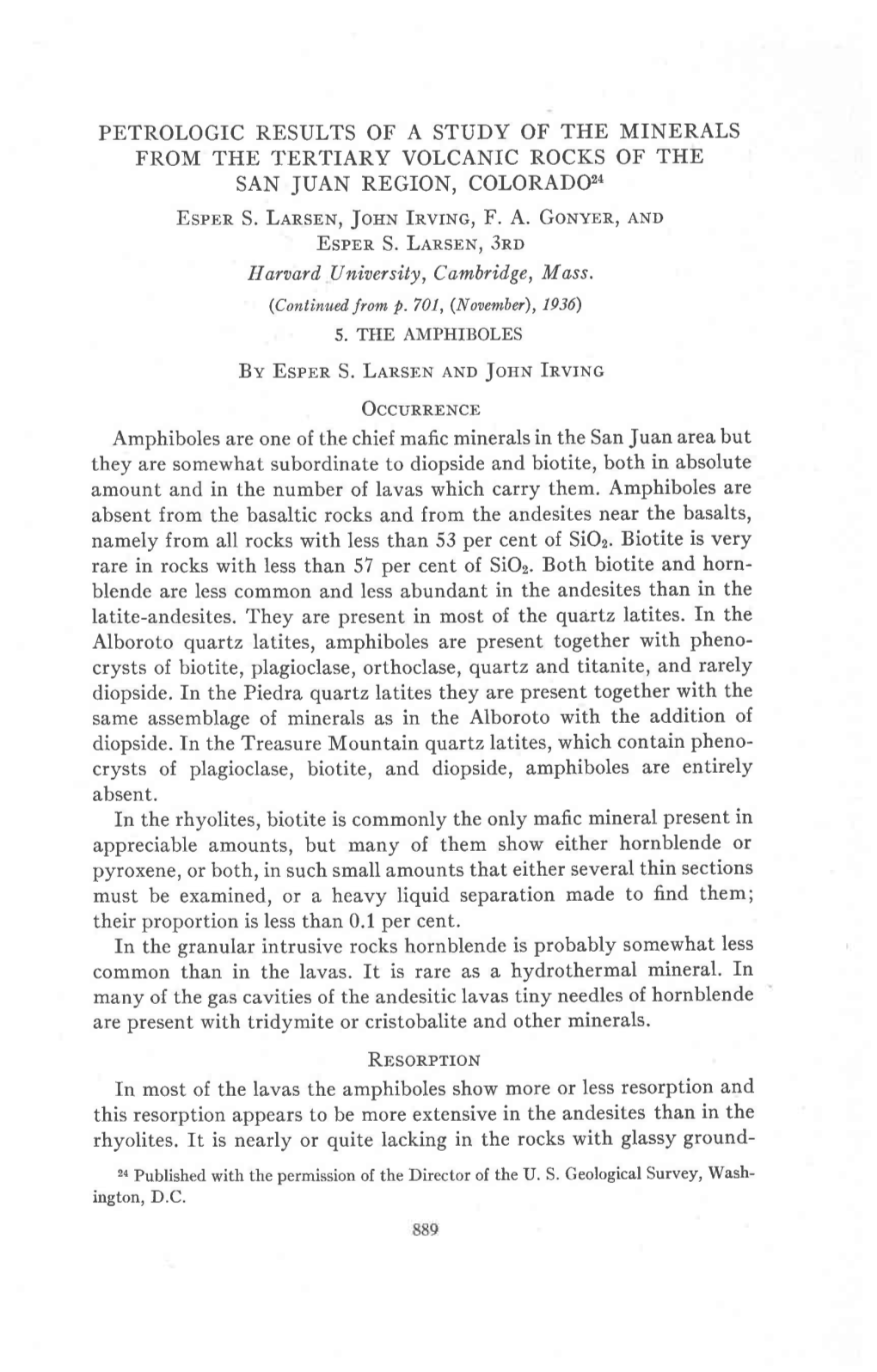 PETROLOGIC RESULTS of a STUDY of the MINERALS from the TERTIARY VOLCANIC ROCKS of the San JUAN REGTON, COLORADO'?4 Espen S