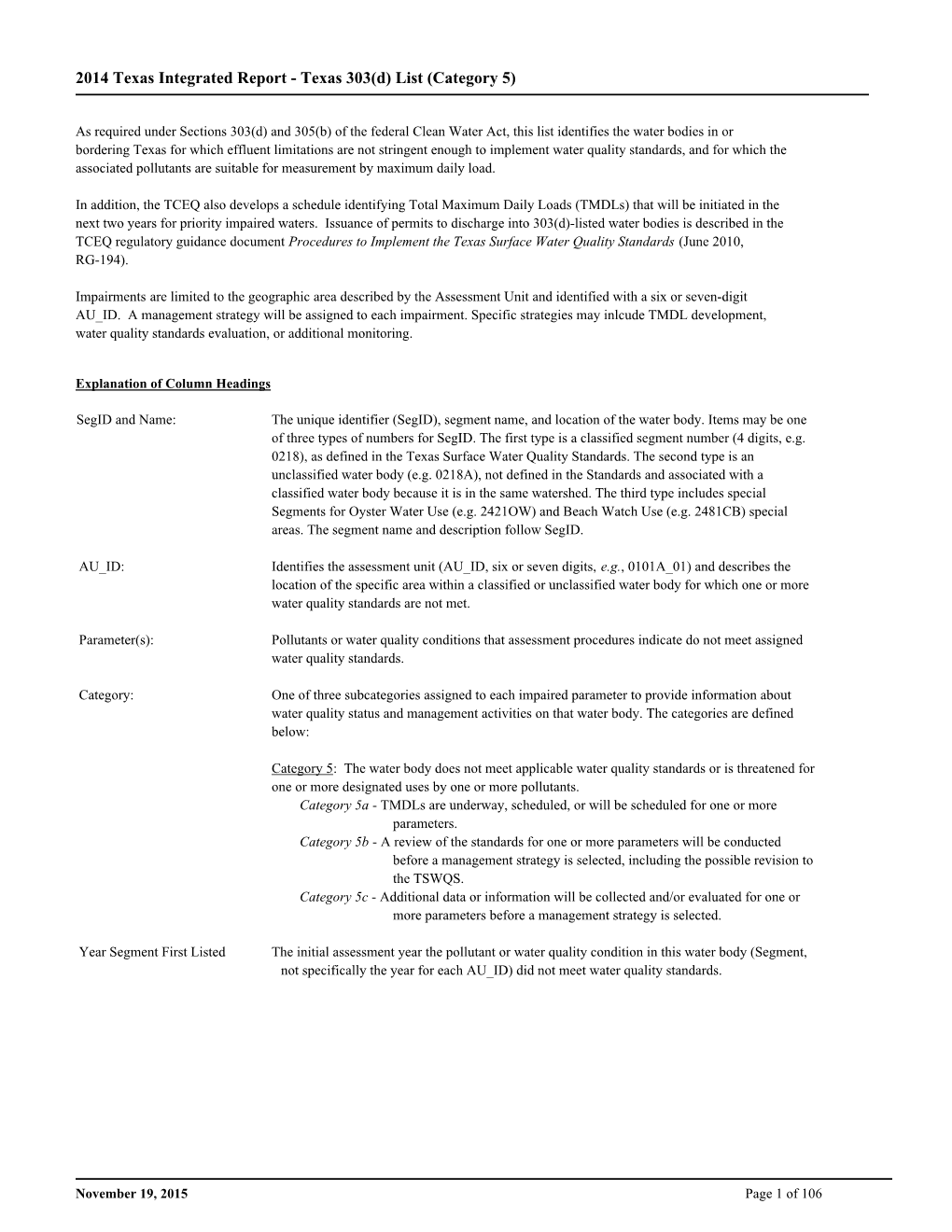 2014 Texas Integrated Report - Texas 303(D) List (Category 5)