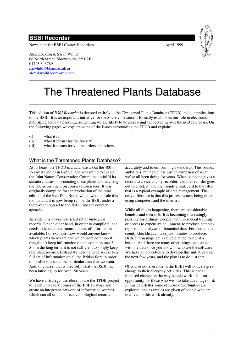 The Threatened Plants Database (TPDB) and Its Implications to the BSBI