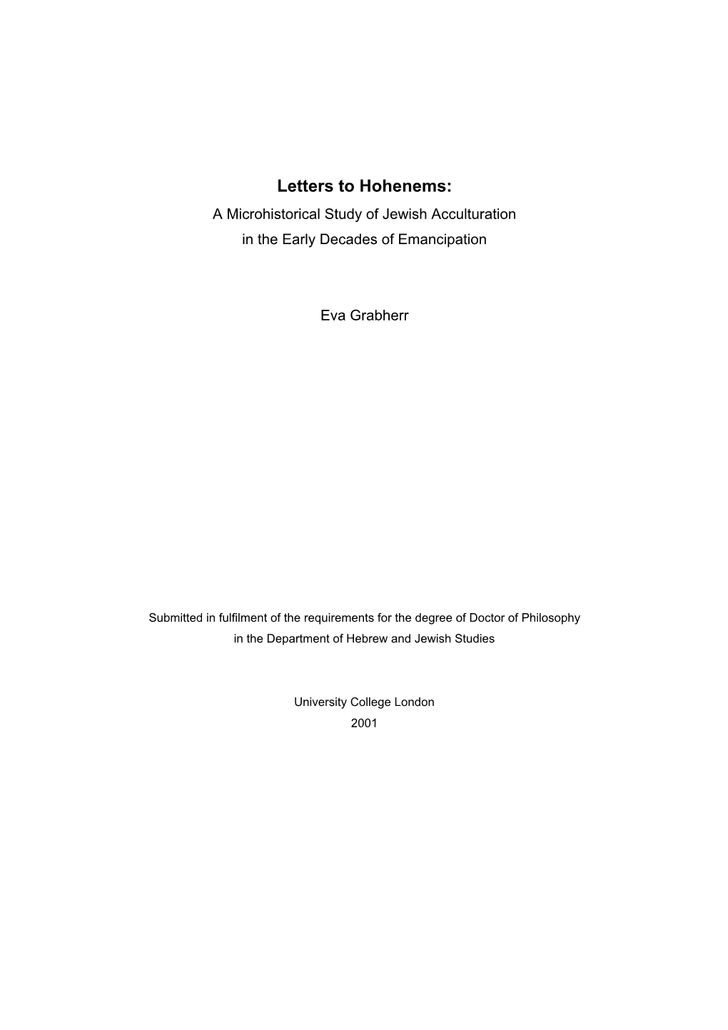 Letters to Hohenems: a Microhistorical Study of Jewish Acculturation in the Early Decades of Emancipation