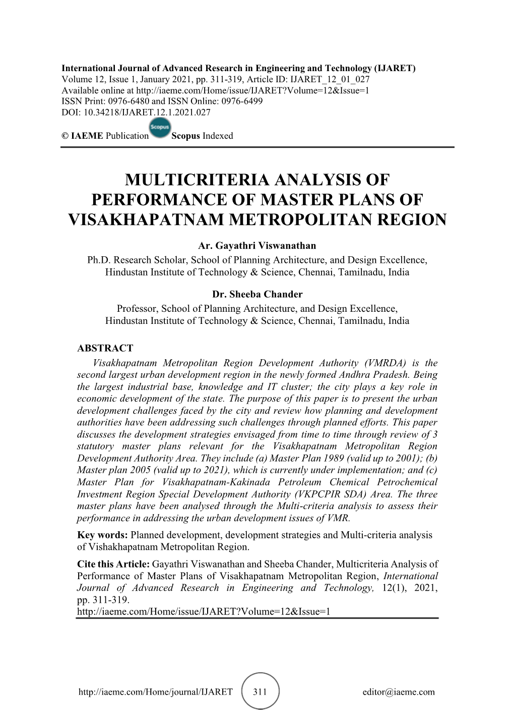 Multicriteria Analysis of Performance of Master Plans of Visakhapatnam Metropolitan Region