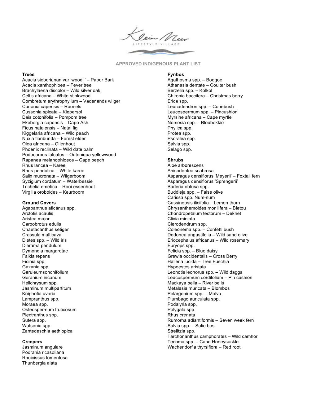 APPROVED INDIGENOUS PLANT LIST Trees Acacia Sieberianan Var