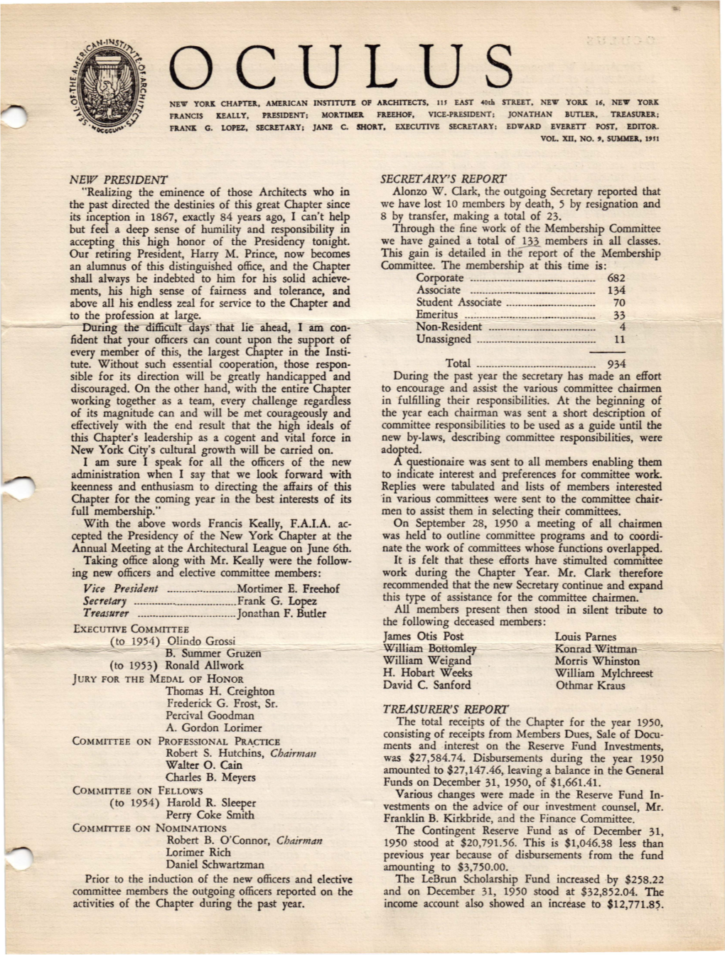 OCULUS NEW YORK Chaptelt., AMERICAN INSTITUTE OP Alt.CHITECTS, 111 EAST "40Th STREET, NEW YORK 16, NEW YORK Flt.ANCIS KEALLY, PRESIDENT; MORTIMER