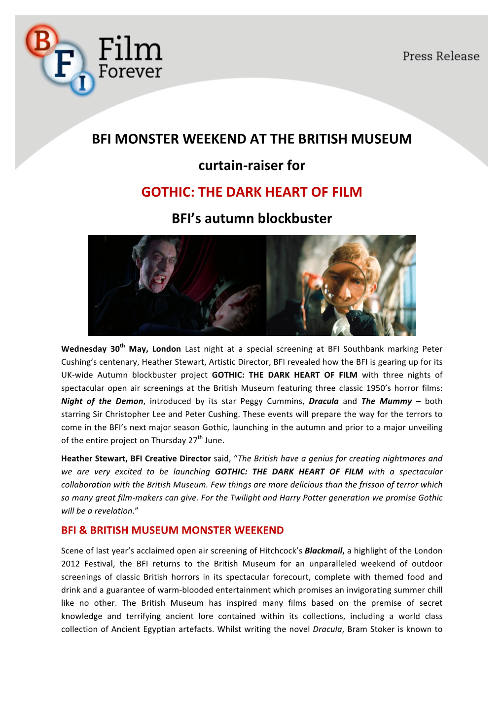 BFI MONSTER WEEKEND at the BRITISH MUSEUM Curtain-‐Raiser