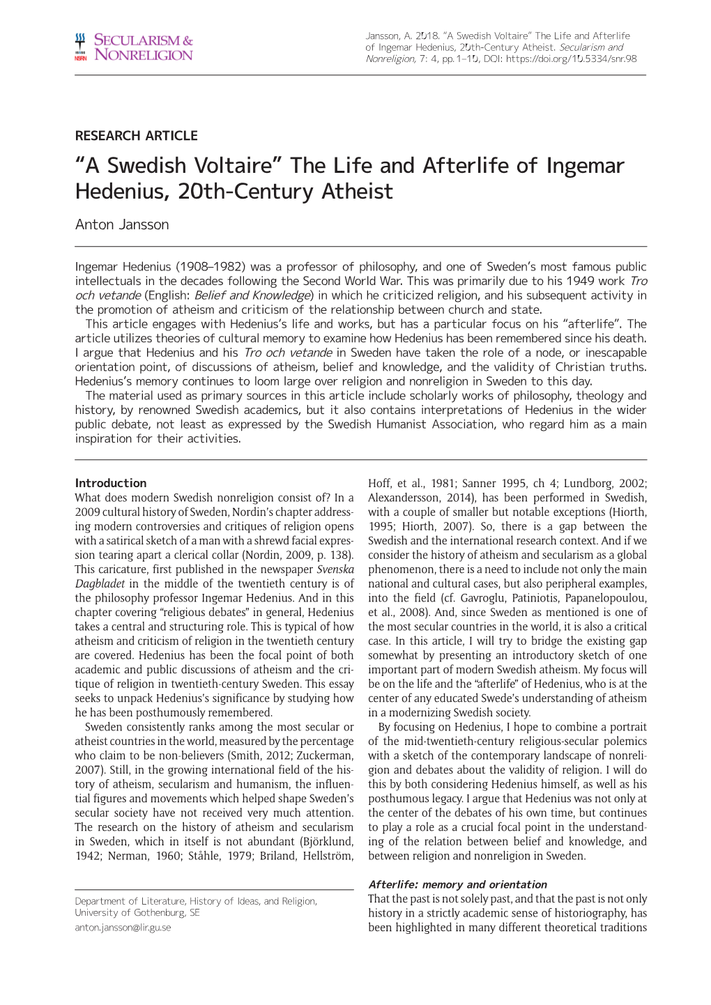 The Life and Afterlife of Ingemar Hedenius, 20Th-Century Atheist