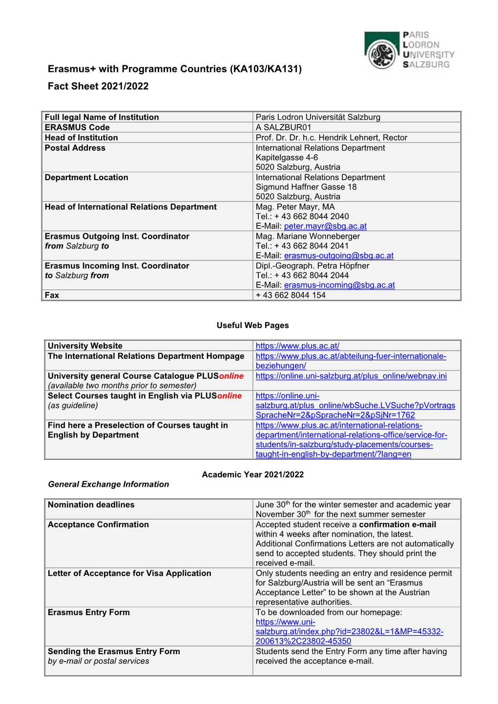 Erasmus+ with Programme Countries (KA103/KA131) Fact Sheet 2021/2022