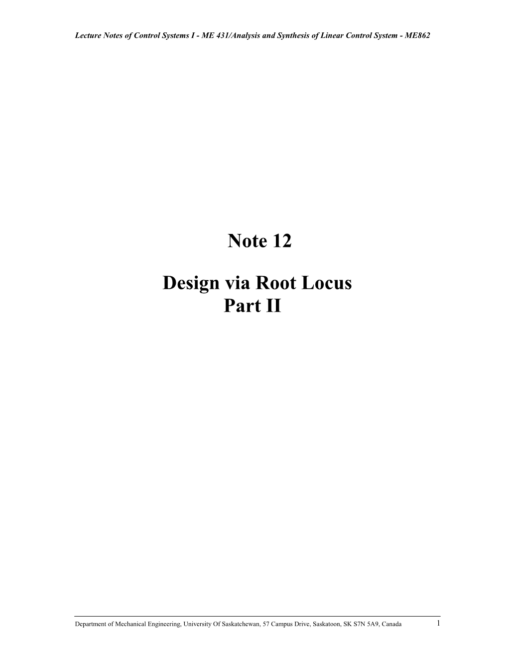 Lecture Notes of Control Systems I - ME 431/Analysis and Synthesis of Linear Control System