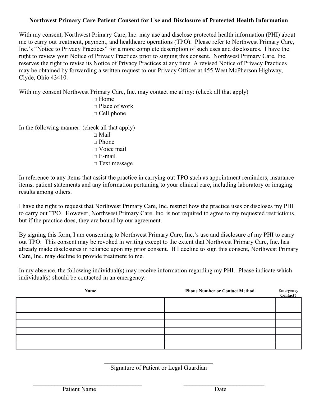 Northwest Primary Care Patient Consent for Use and Disclosure of Protected Health Information