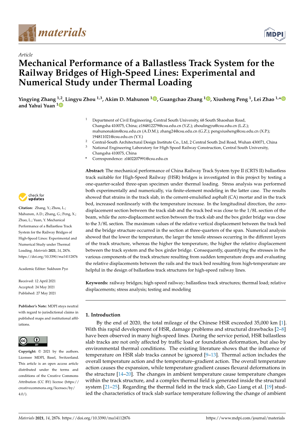 Mechanical Performance of a Ballastless Track System for the Railway Bridges of High-Speed Lines: Experimental and Numerical Study Under Thermal Loading