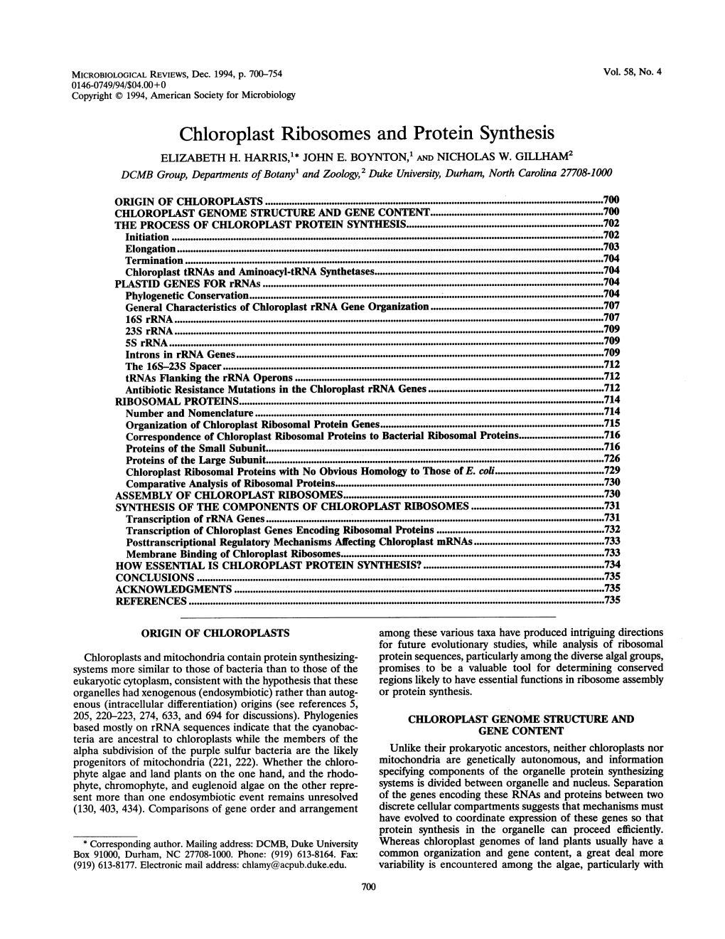 Chloroplast Ribosomes and Protein Synthesis ELIZABETH H