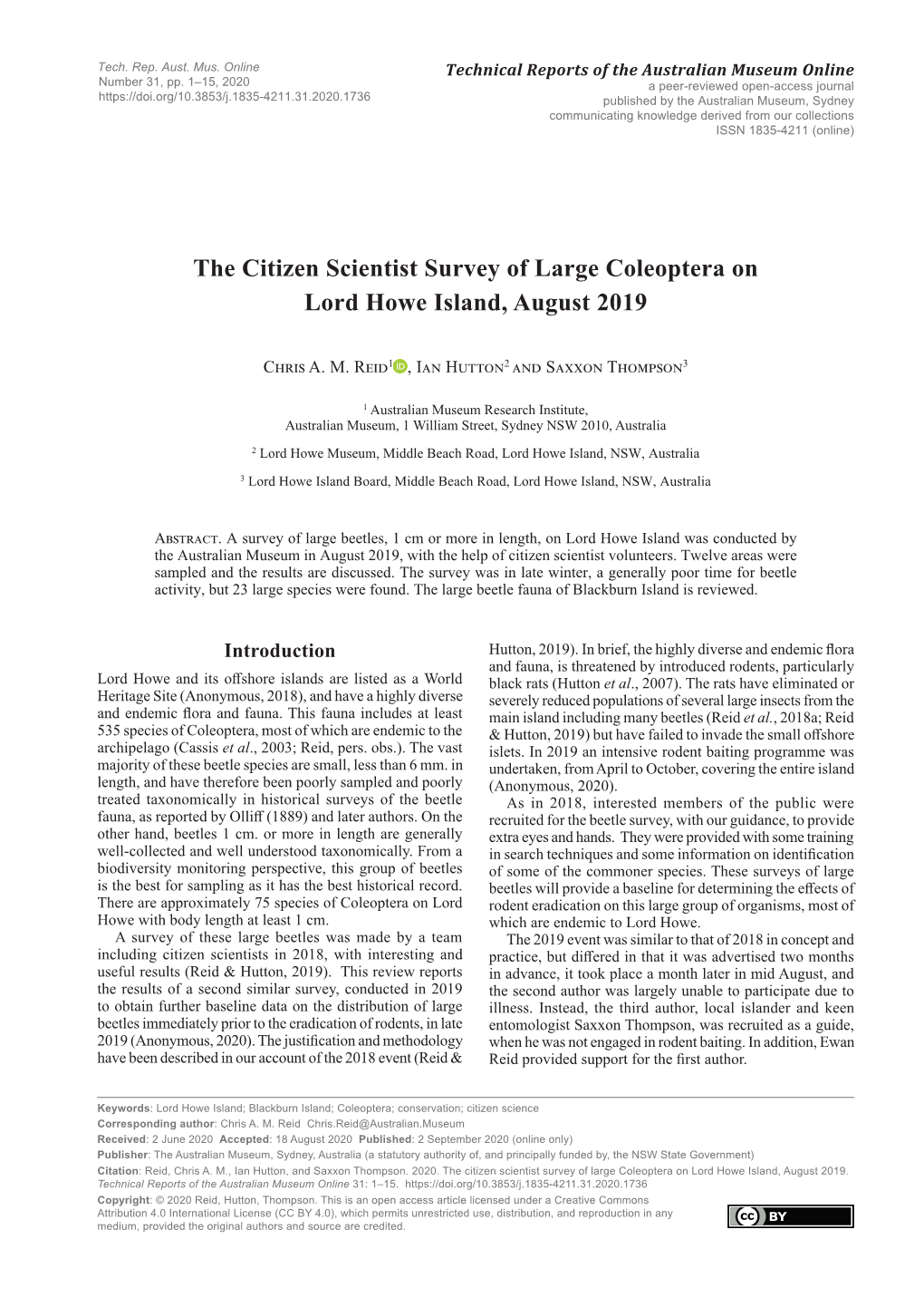 The Citizen Scientist Survey of Large Coleoptera on Lord Howe Island, August 2019