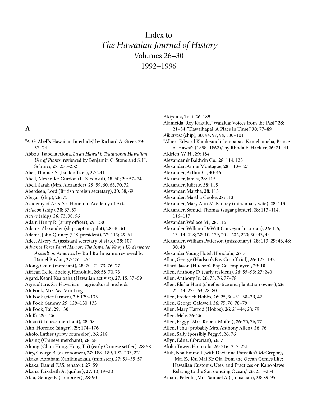 Index to the Hawaiian Journal of History Volumes 26–30 1992–1996