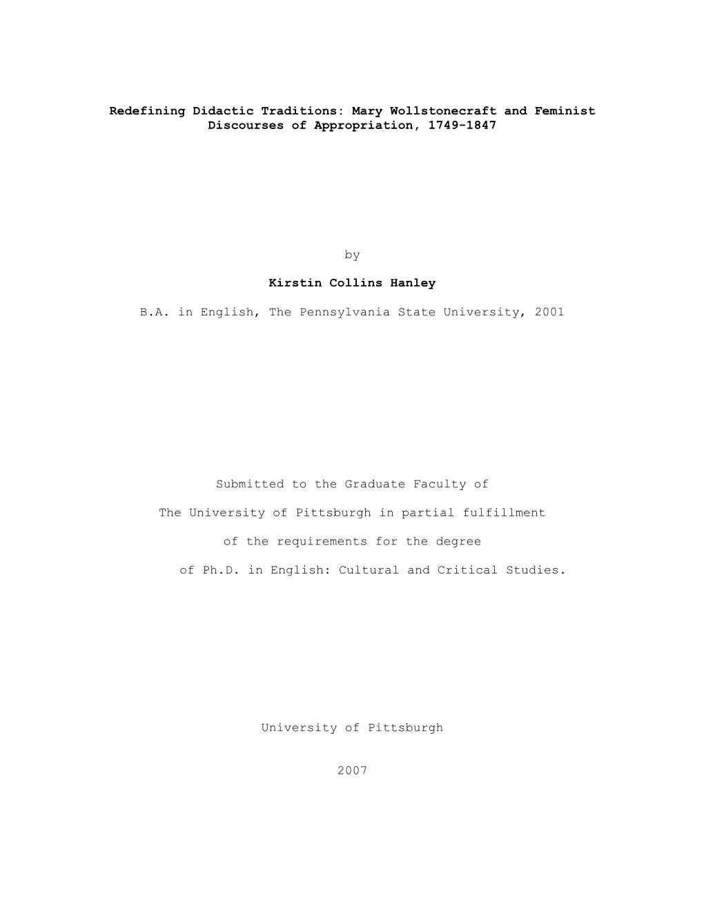 Redefining Didactic Traditions: Mary Wollstonecraft and Feminist Discourses of Appropriation, 1749-1847