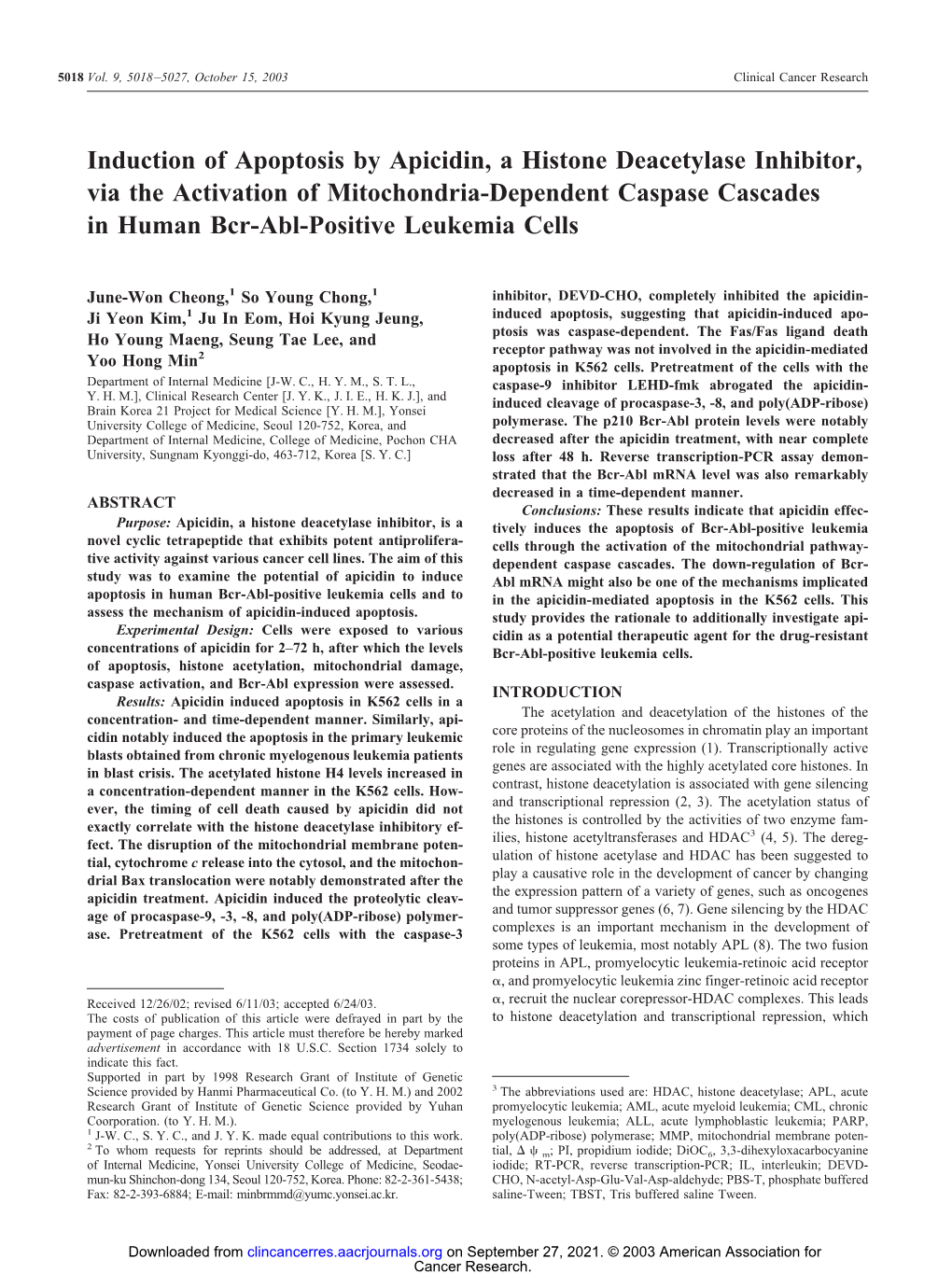 Induction of Apoptosis by Apicidin, a Histone Deacetylase Inhibitor, Via