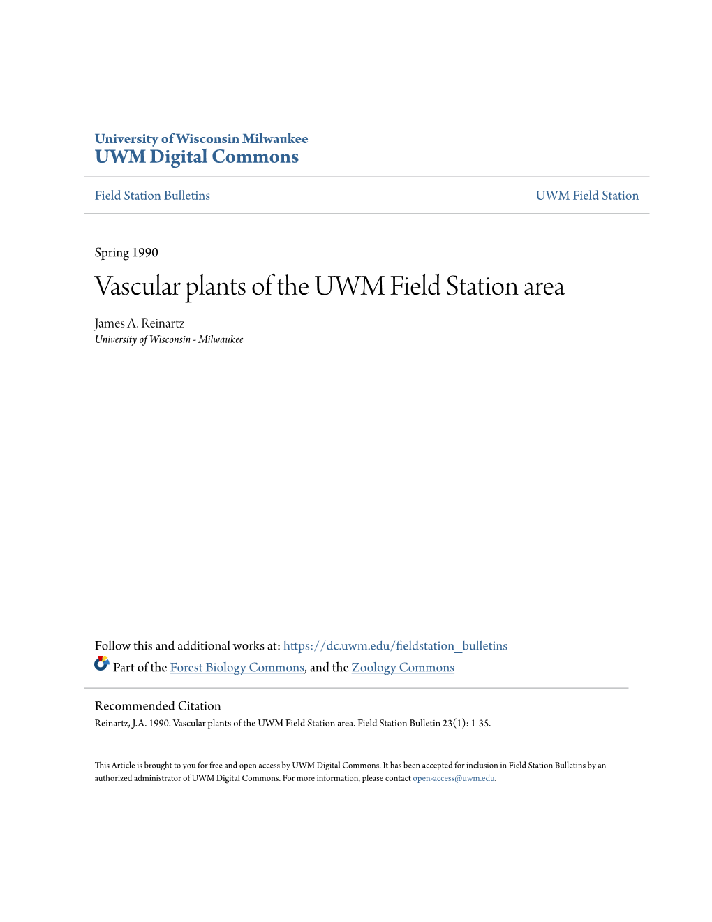 Vascular Plants of the UWM Field Station Area James A