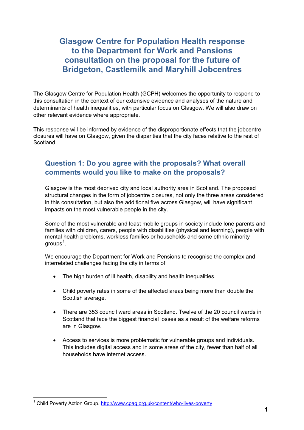 Proposal for the Future of Bridgeton, Castlemilk and Maryhill Jobcentres