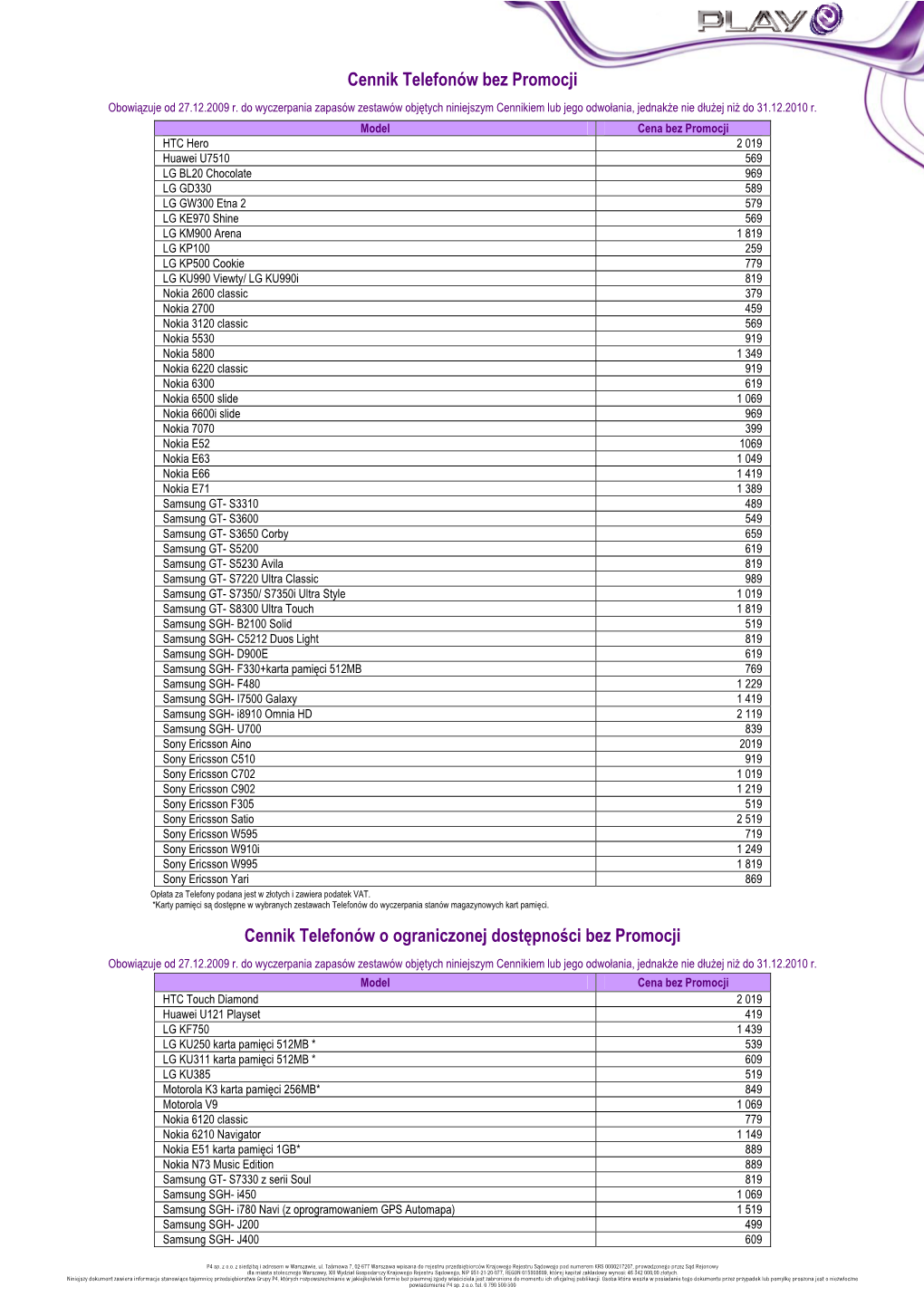 Cennik Telefonw W Ofercie Play