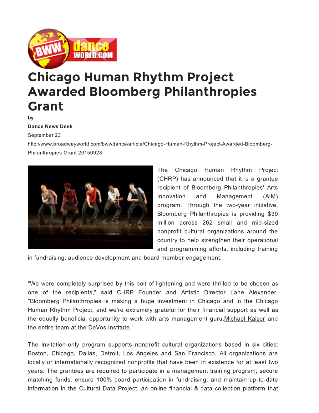 Chicago Human Rhythm Project Awarded Bloomberg Philanthropies