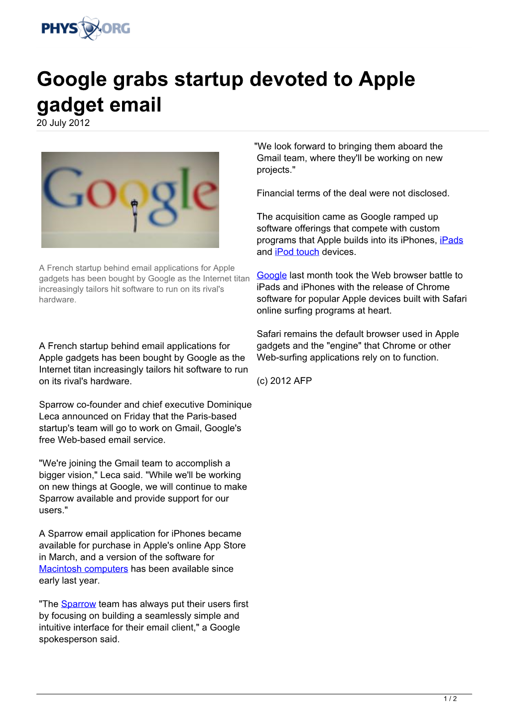 Google Grabs Startup Devoted to Apple Gadget Email 20 July 2012