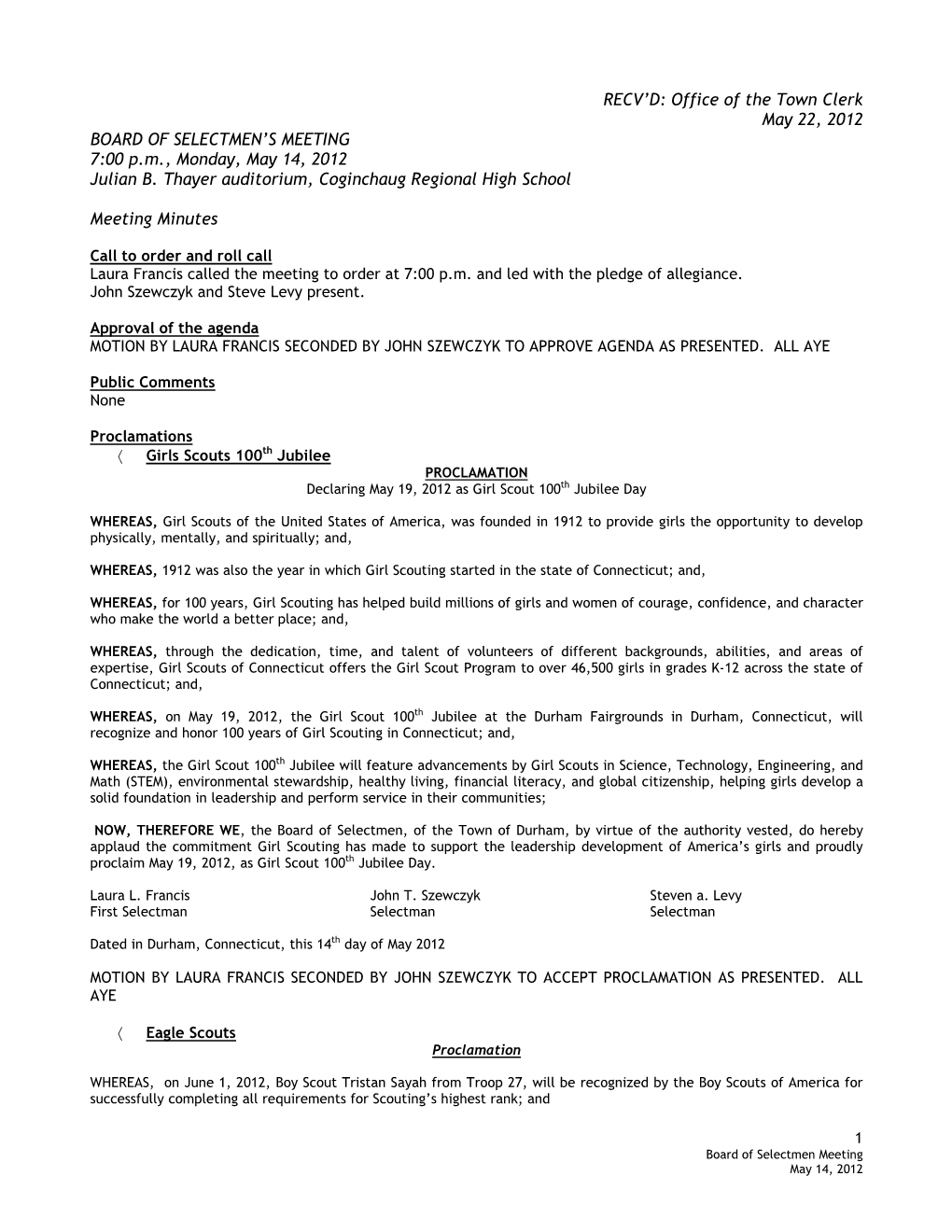 RECV'd: Office of the Town Clerk May 22, 2012 BOARD OF