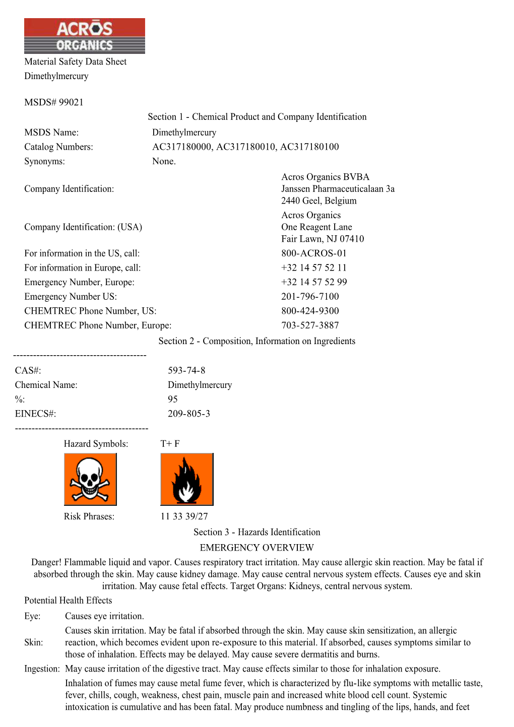 Material Safety Data Sheet Dimethylmercury MSDS