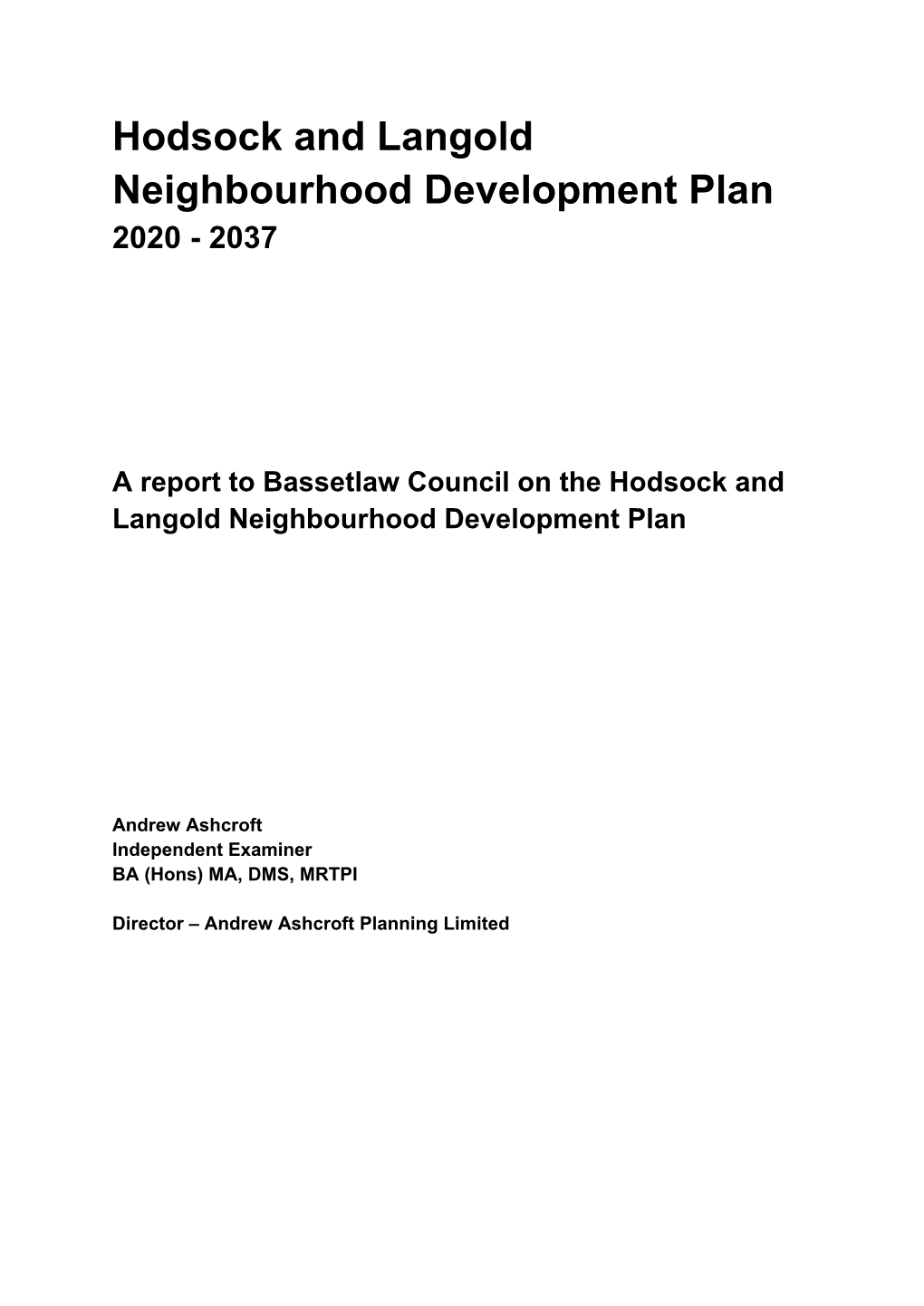 Hodsock and Langold Neighbourhood Development Plan 2020 - 2037