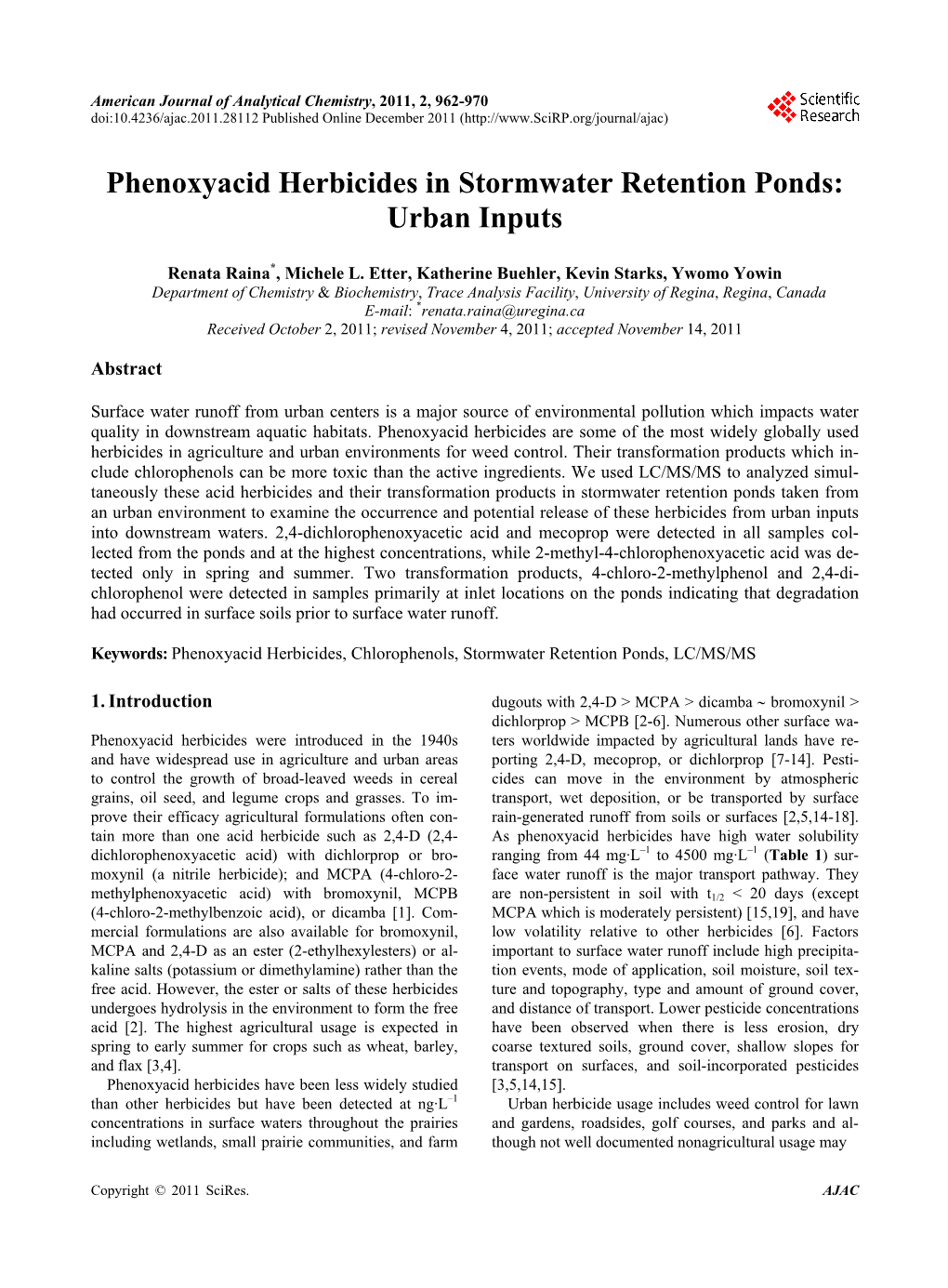 Phenoxyacid Herbicides in Stormwater Retention Ponds: Urban Inputs