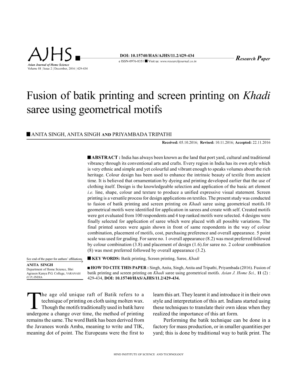 Fusion of Batik Printing and Screen Printing on Khadi Saree Using Geometrical Motifs