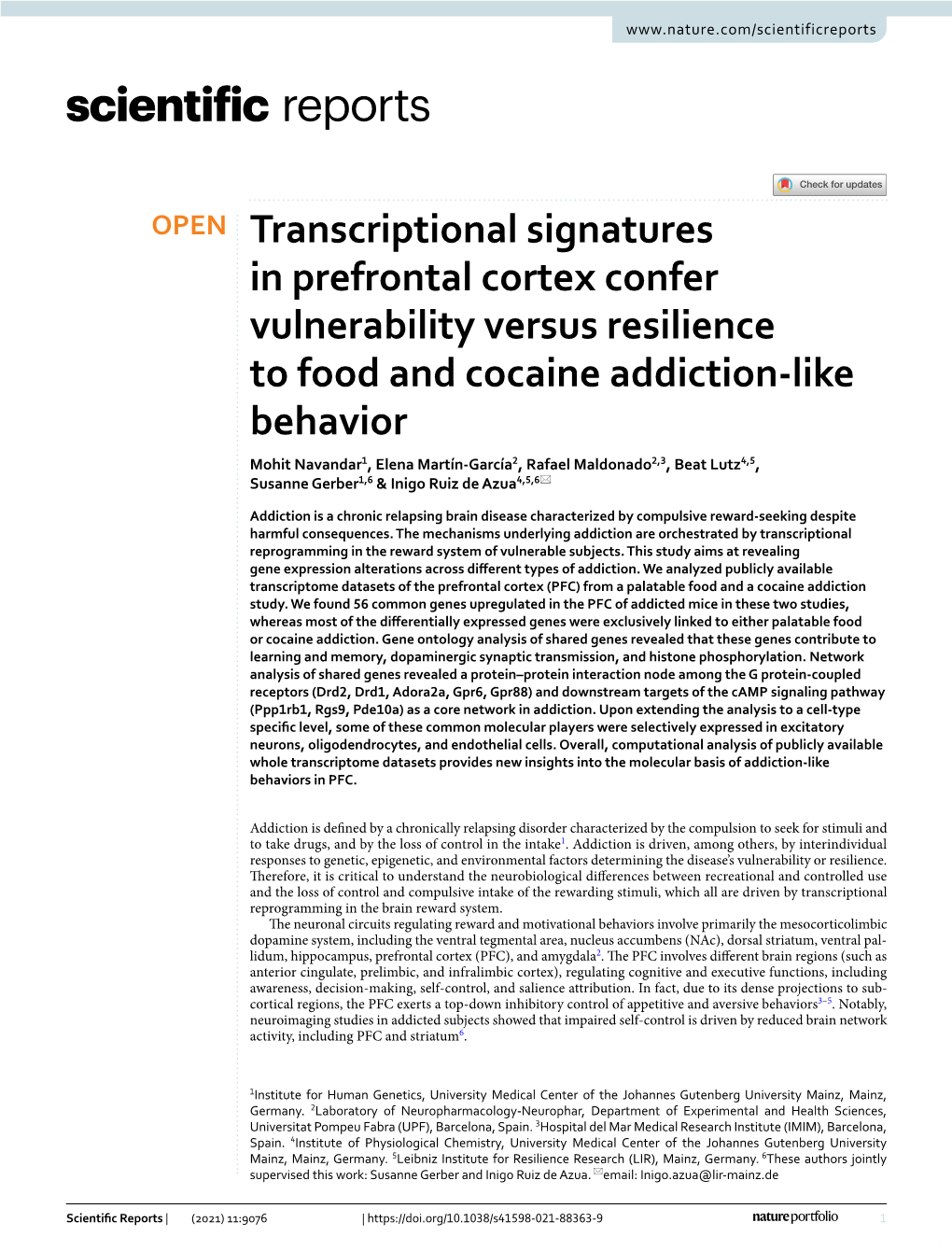 Transcriptional Signatures in Prefrontal Cortex Confer Vulnerability Versus