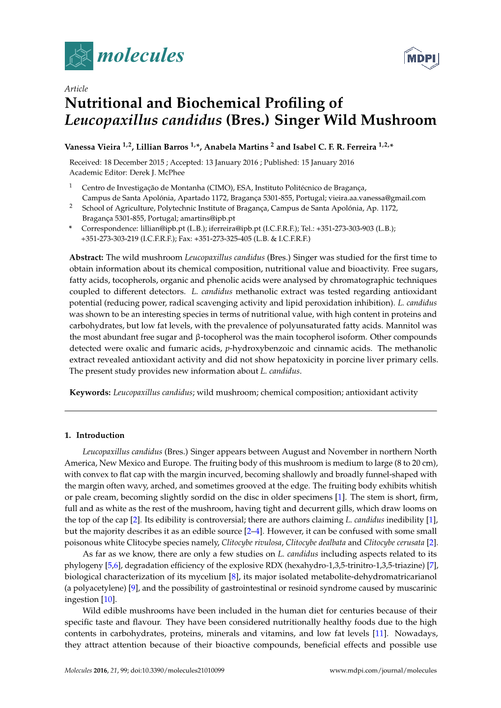 Nutritional and Biochemical Profiling of Leucopaxillus Candidus (Bres