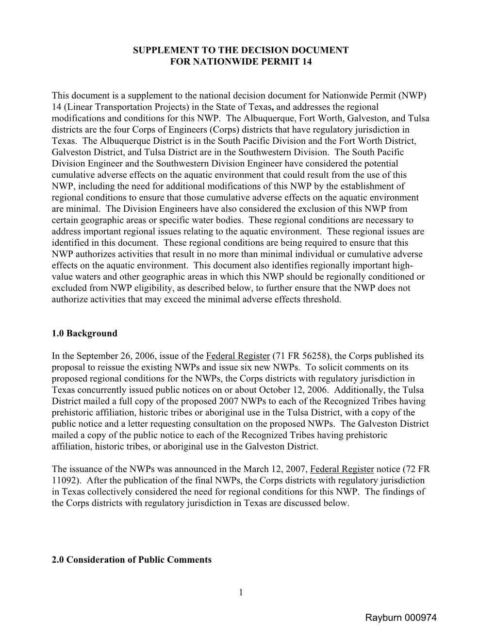 Supplement to Decision Document Nationwide Permit #14