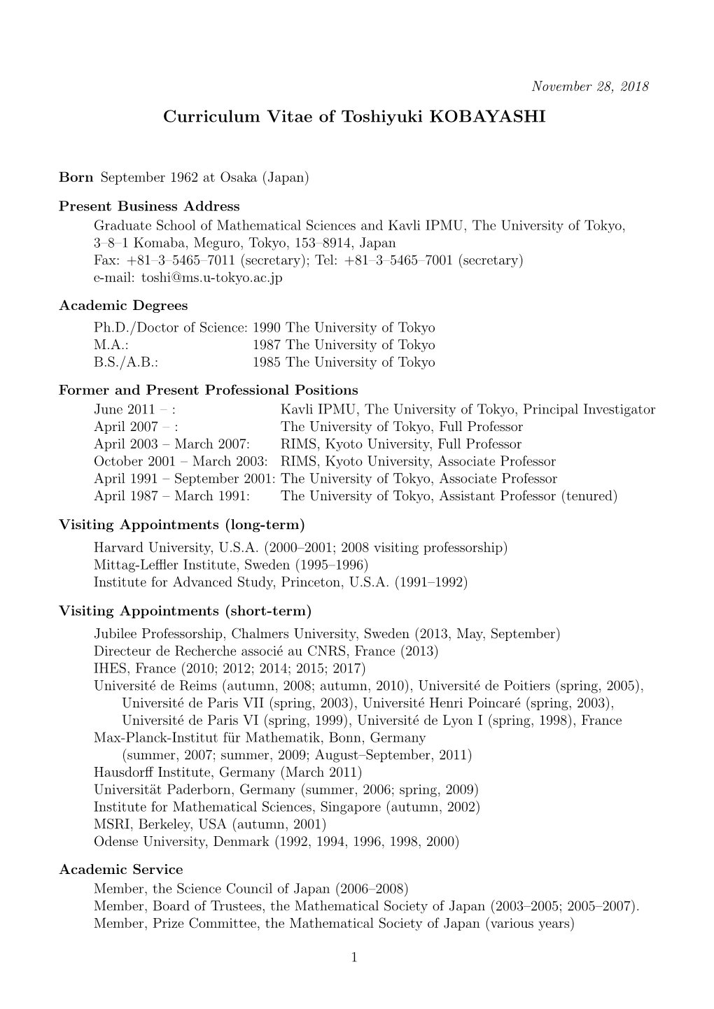 Curriculum Vitae of Toshiyuki KOBAYASHI