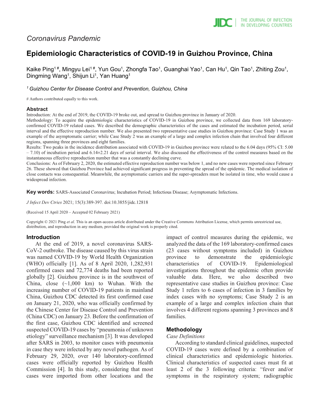 Coronavirus Pandemic Epidemiologic Characteristics of COVID-19 in Guizhou Province, China