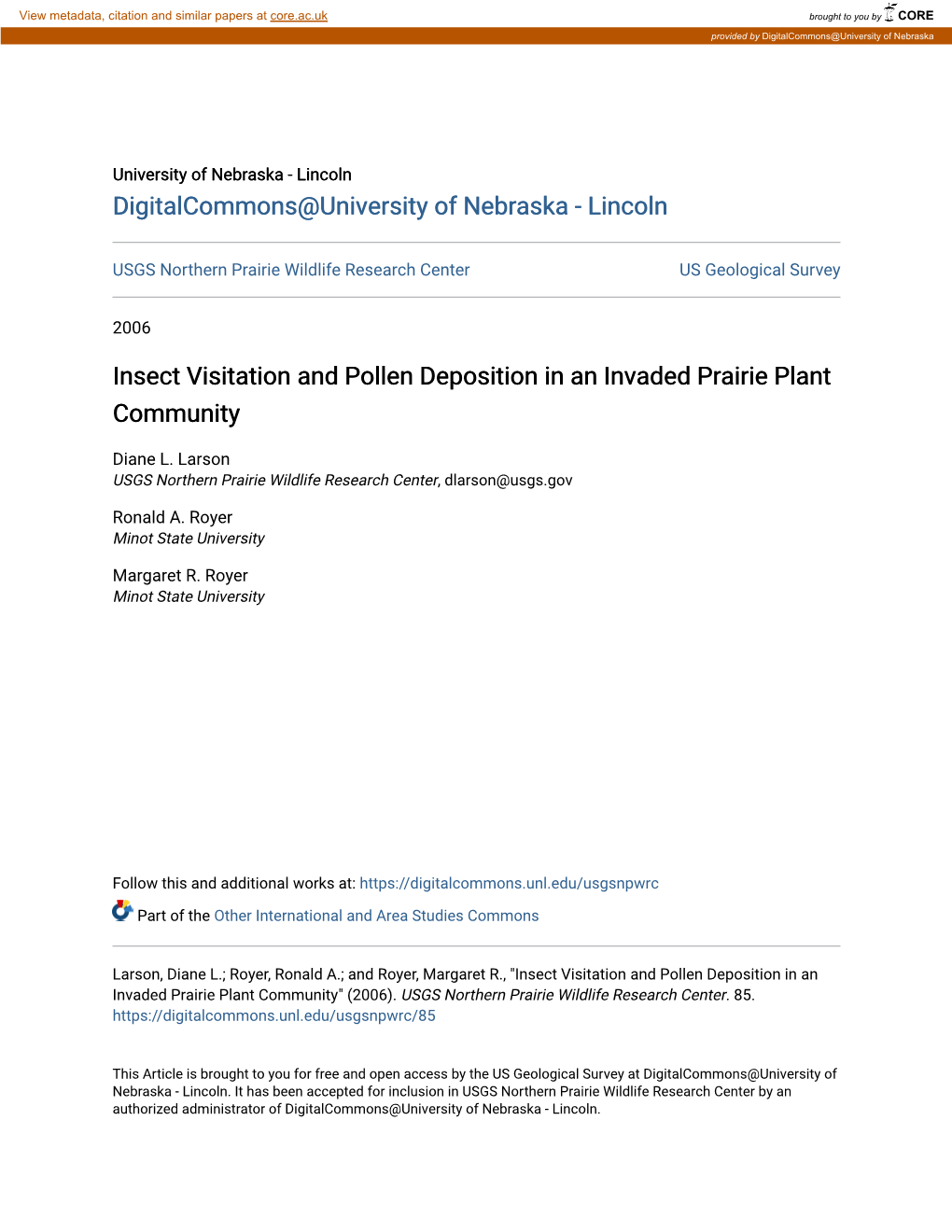 Insect Visitation and Pollen Deposition in an Invaded Prairie Plant Community