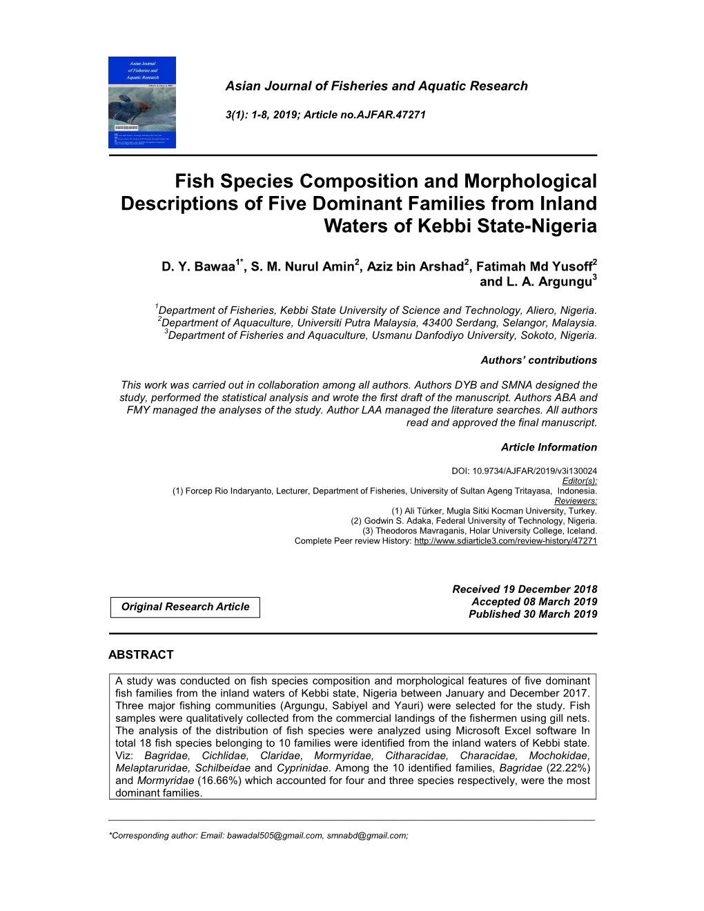 Fish Species Composition and Morphological Descriptions of Five Dominant Families from Inland Waters of Kebbi State-Nigeria