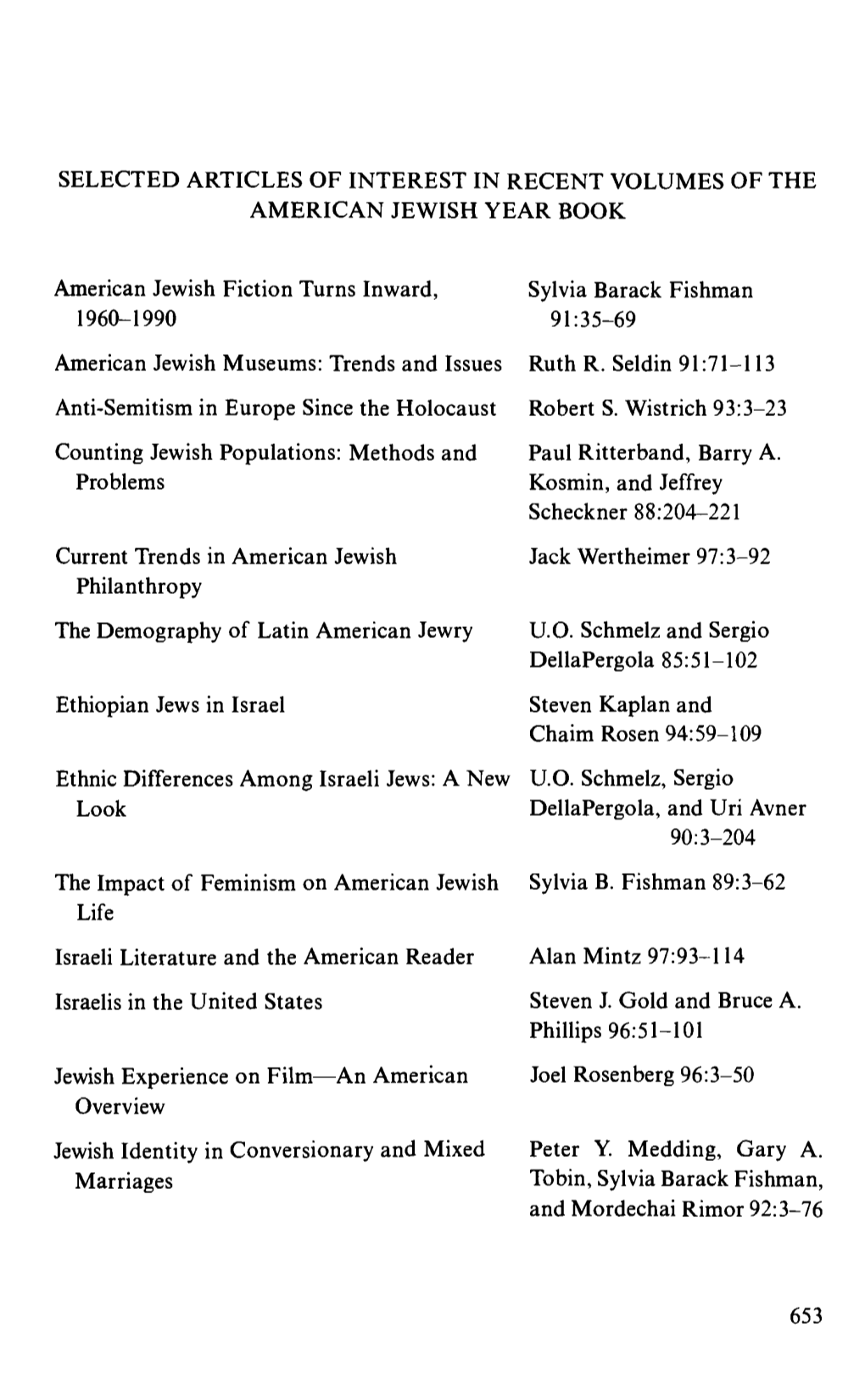 SELECTED ARTICLES of INTEREST in RECENT VOLUMES of the AMERICAN JEWISH YEAR BOOK American Jewish Fiction Turns Inward, 1960-1990