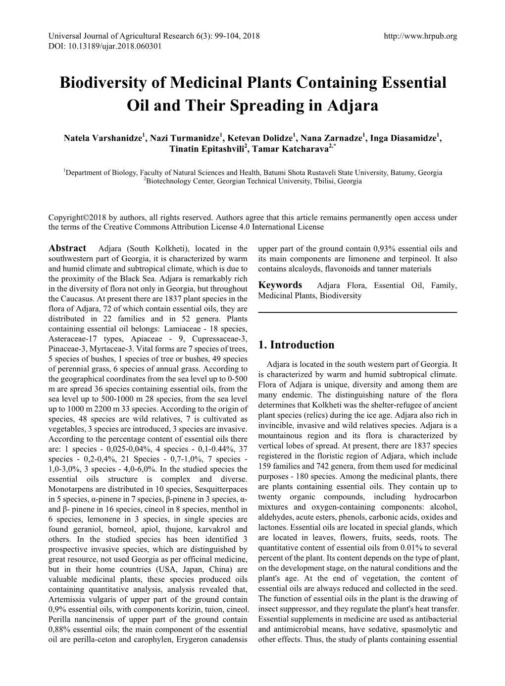 Biodiversity of Medicinal Plants Containing Essential Oil and Their Spreading in Adjara