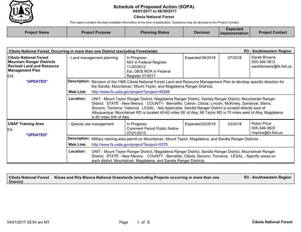 Schedule of Proposed Action (SOPA) 04/01/2017 to 06/30/2017 Cibola National Forest This Report Contains the Best Available Information at the Time of Publication