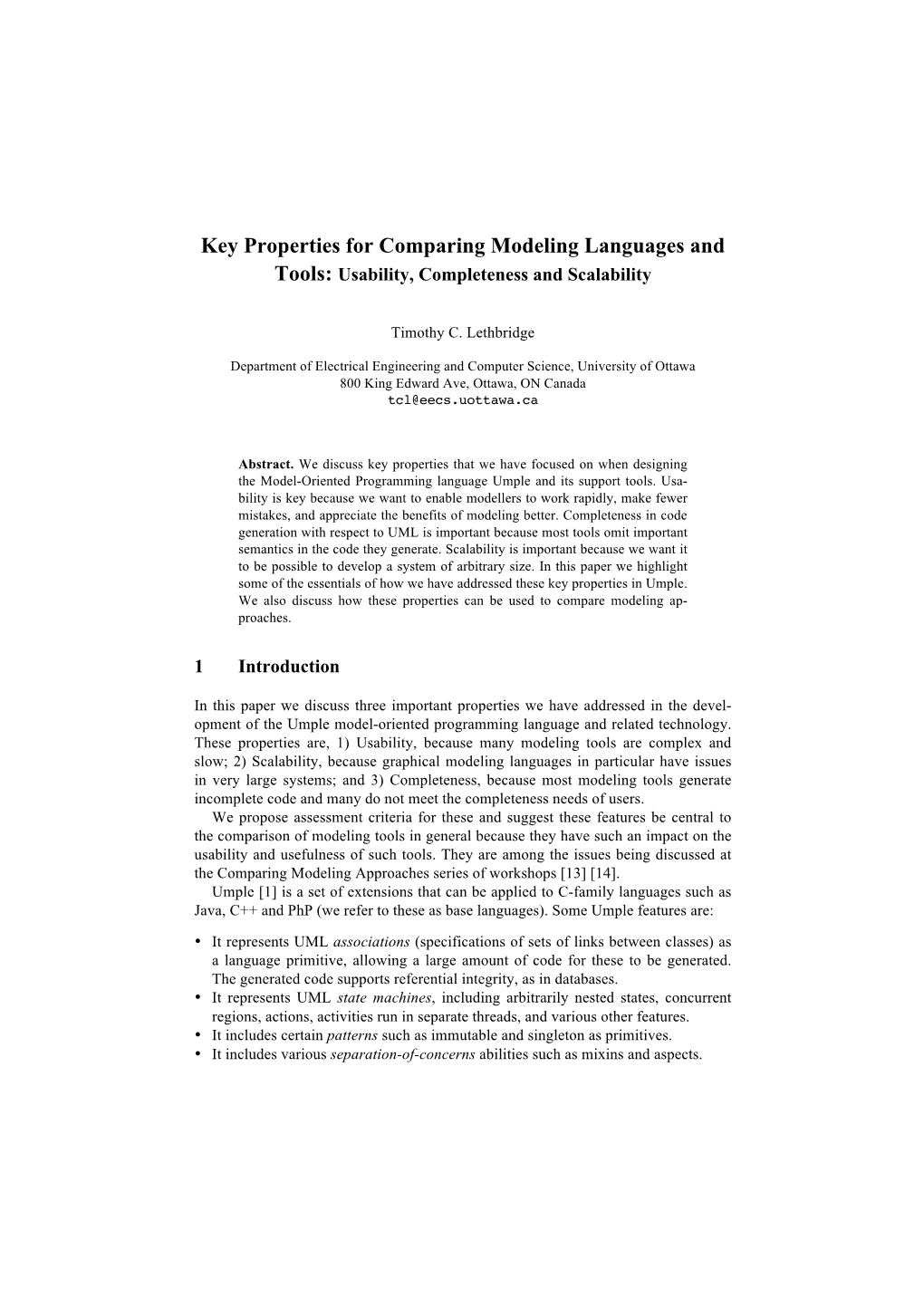 Key Properties for Comparing Modeling Languages and Tools: Usability, Completeness and Scalability